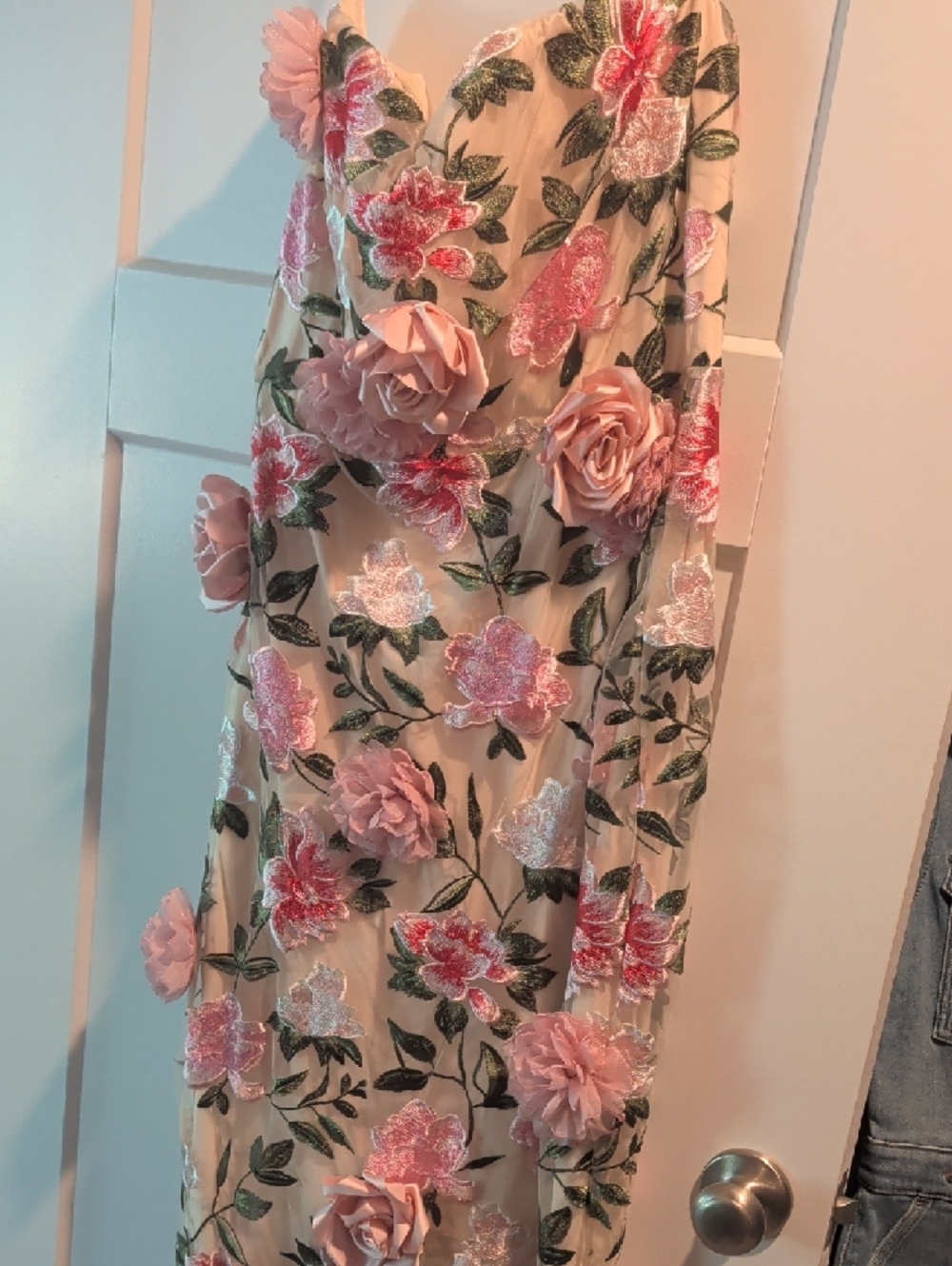 Fashion Nova Cream Strapless Floral Embroidered Midi Dress with Pink Accents - Picture 3 of 6